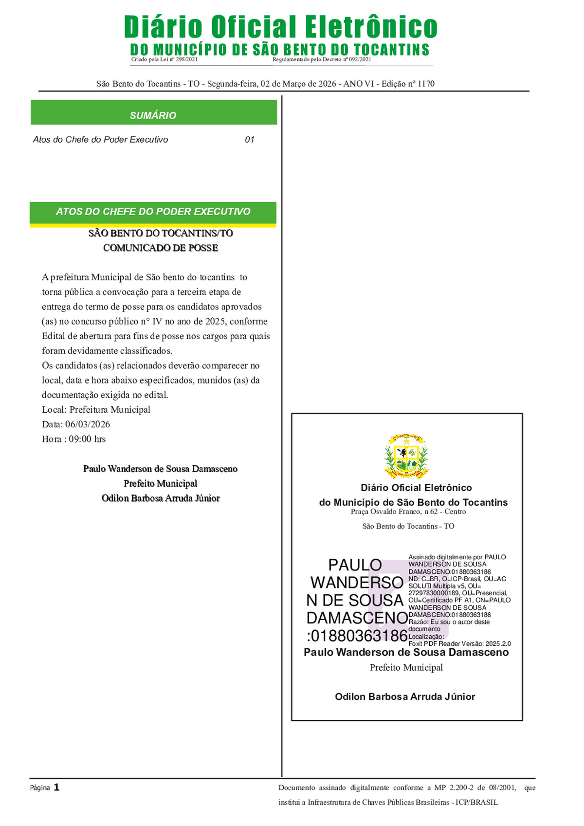 Diário Oficial - Edição N°1170/2026